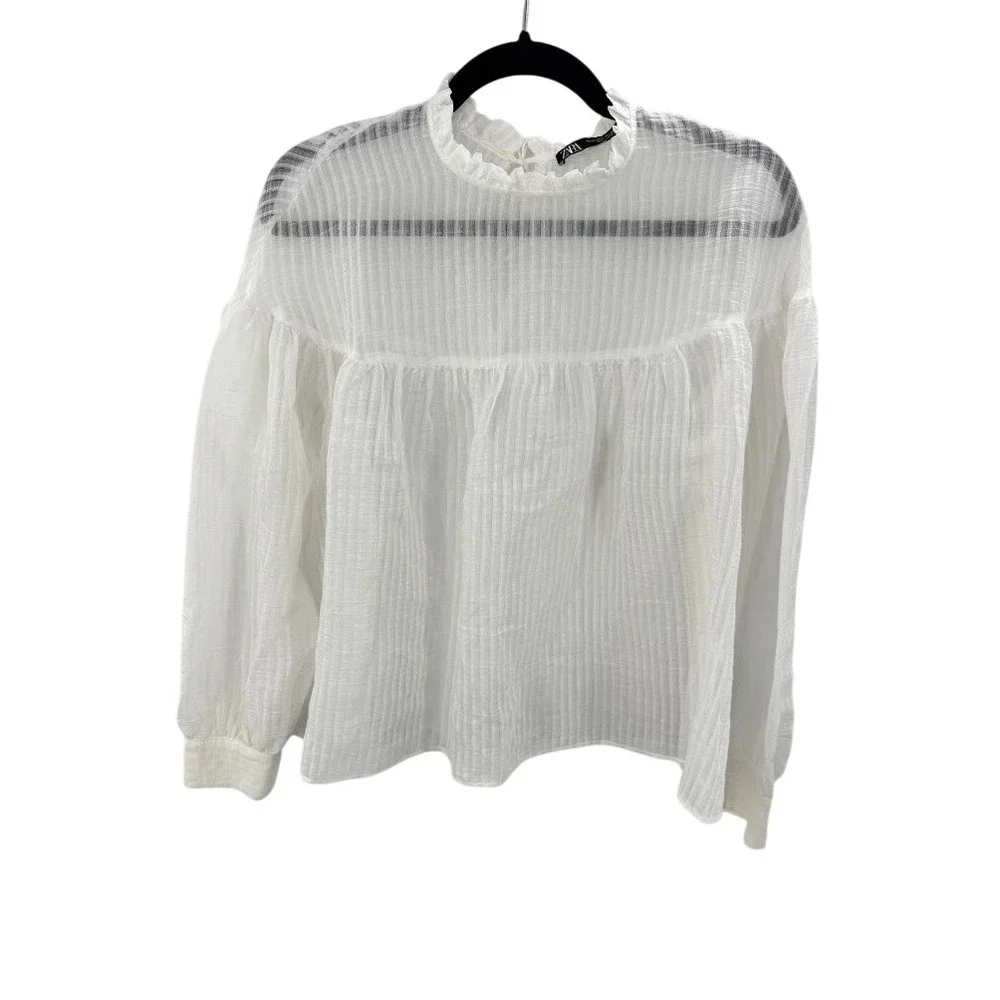 Zara White Organza Striped Ruffle Neck Puff Sleeve Blouse XS 3952/400